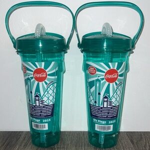 2 Six Flags Parks 2025 Free Refills Cup Coca Cola Souvenir With Straw Green NEW￼